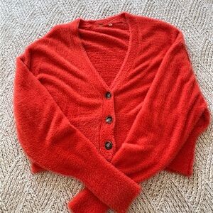 Free People Cozy Red Orange Button-Up Women's Sweater